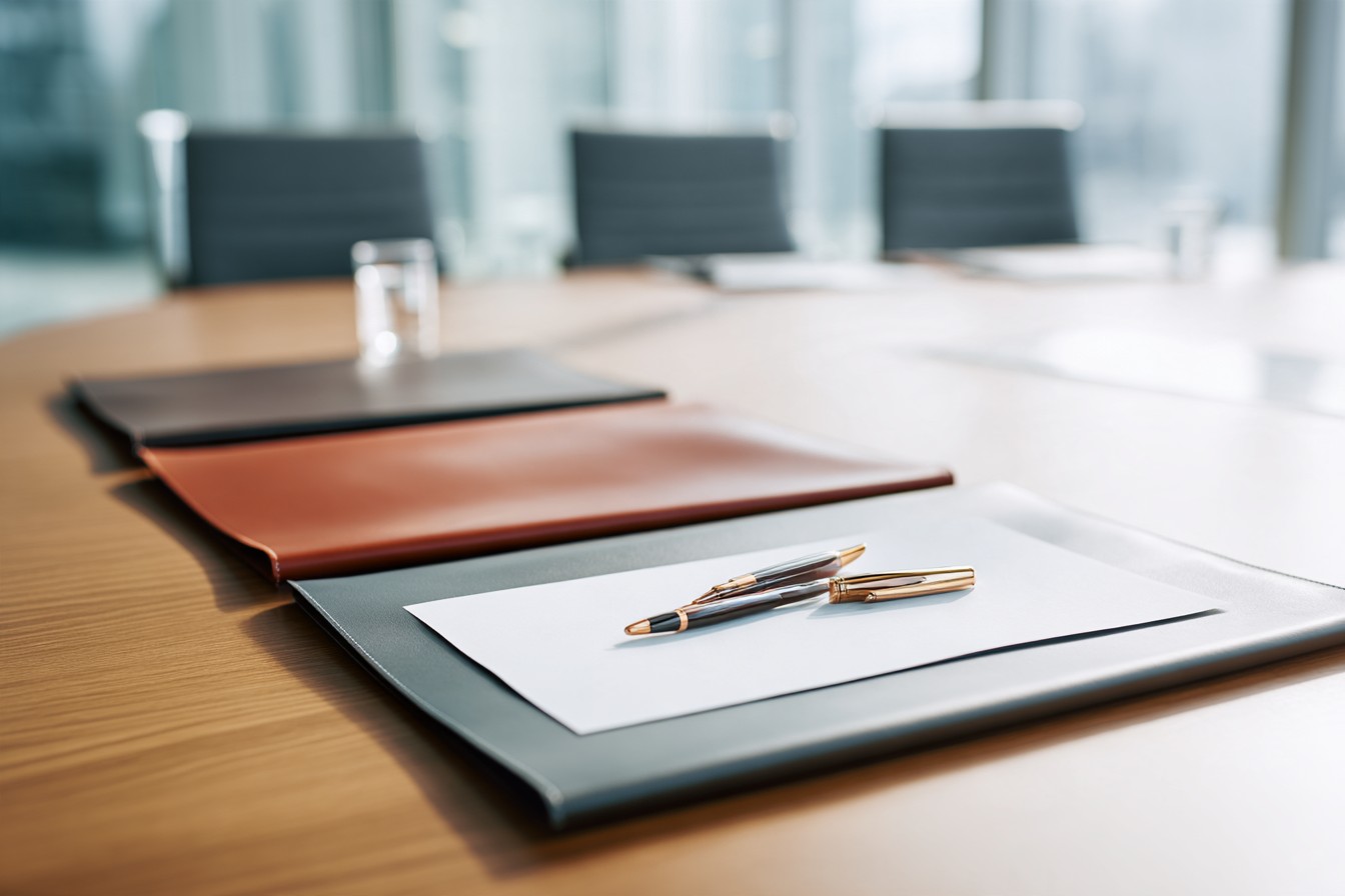 Illustrative image: three leather folders on a conference table, a memo and pens resting on the nearest.