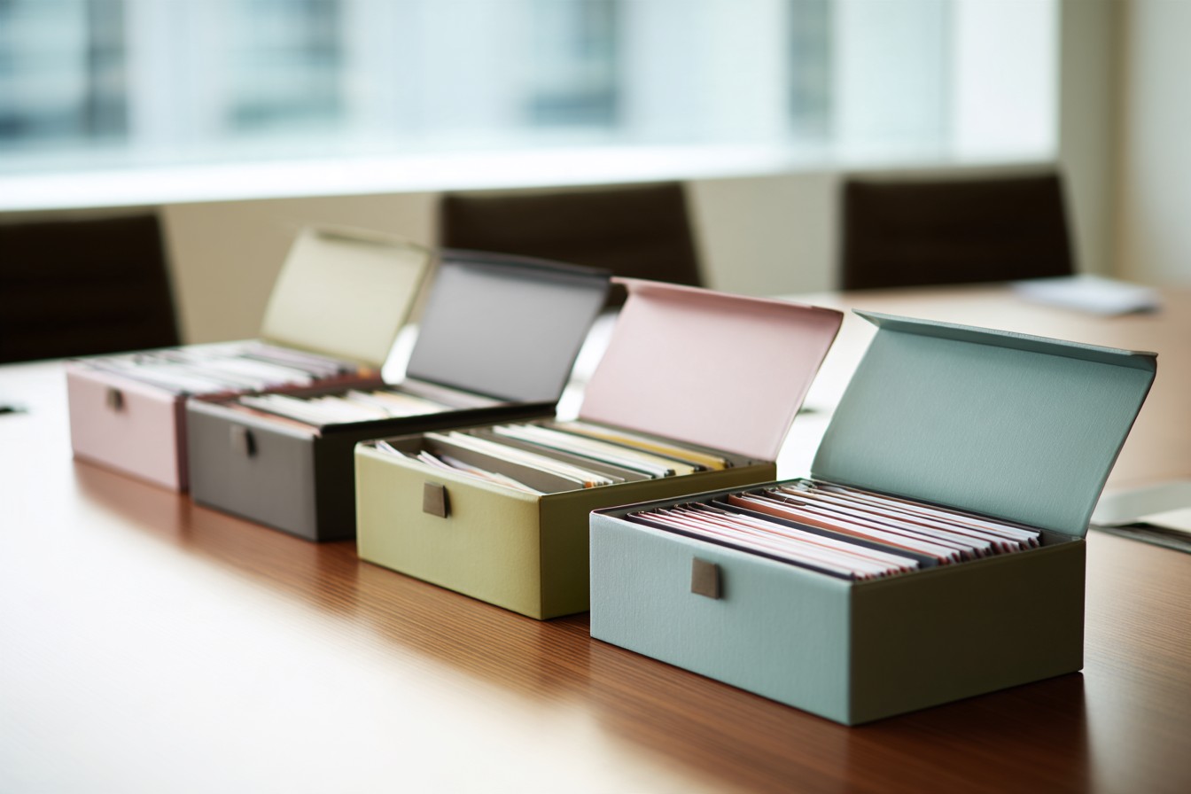 Illustrative image: four open file boxes in different colors, in a row on a conference table.