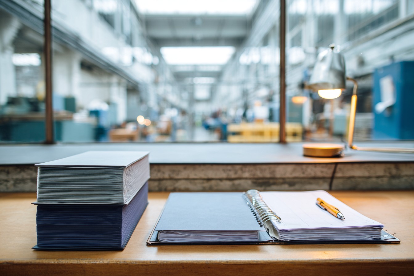 Illustrative image: a bound ledger and a notebook on a desk overlooking a workshop floor.