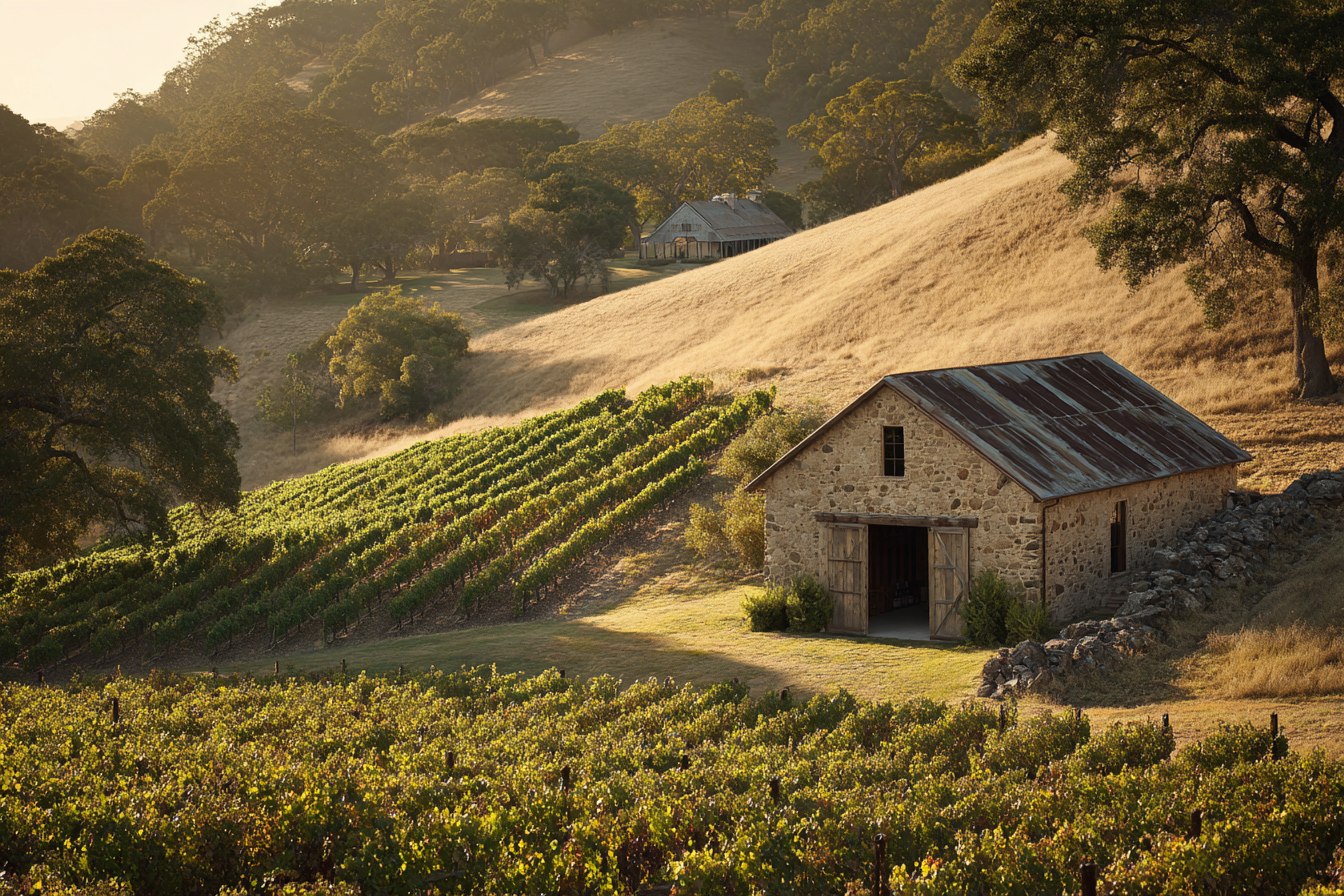 Illustrative image: a stone winery building on a vineyard slope with oaks in evening light.