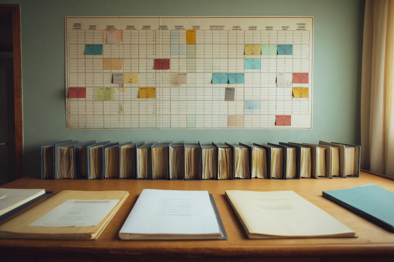 Illustrative image: a year planner marked with colored tabs above a row of binders and three folders.