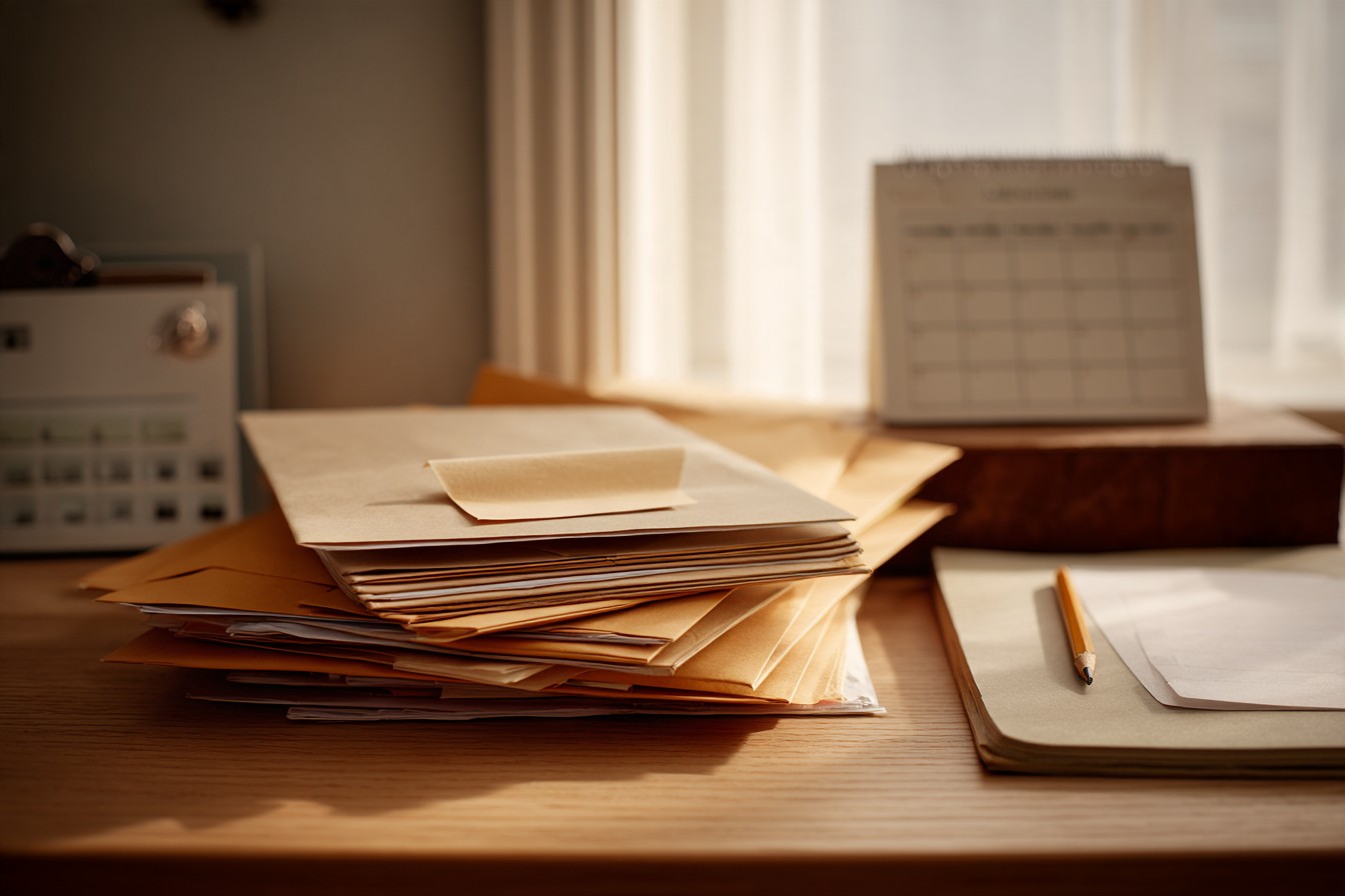 Illustrative image: a stack of envelopes and folders on a desk, a desk calendar behind them.