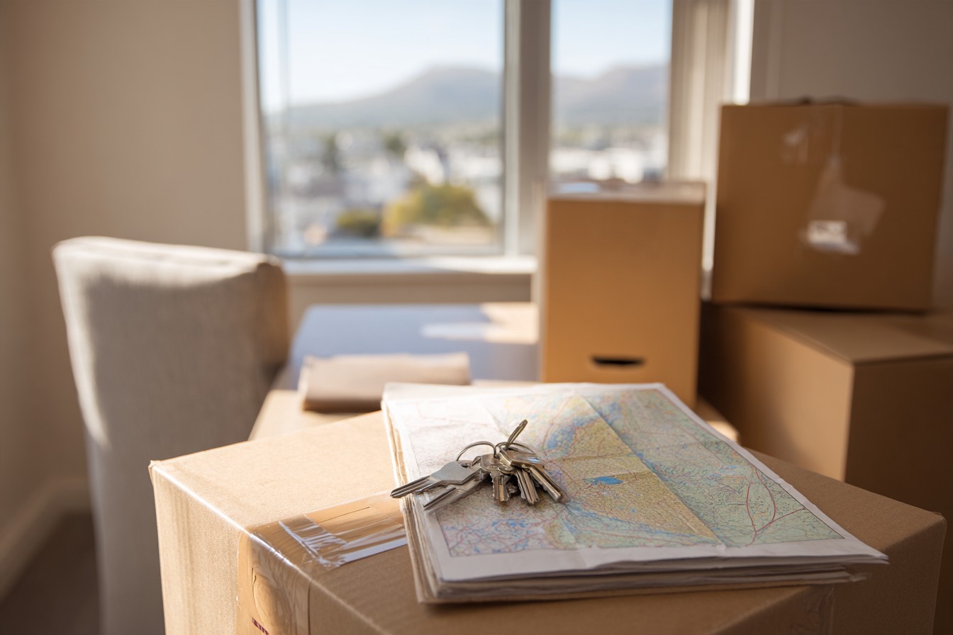 Illustrative image: house keys and a folded map on a moving box, packed boxes and hills beyond.