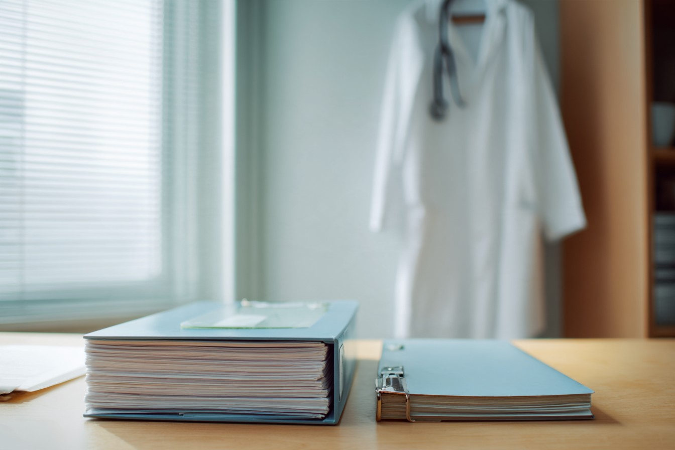 Illustrative image: a thick agreement binder and a slim folder on an office desk, a white coat hanging behind.