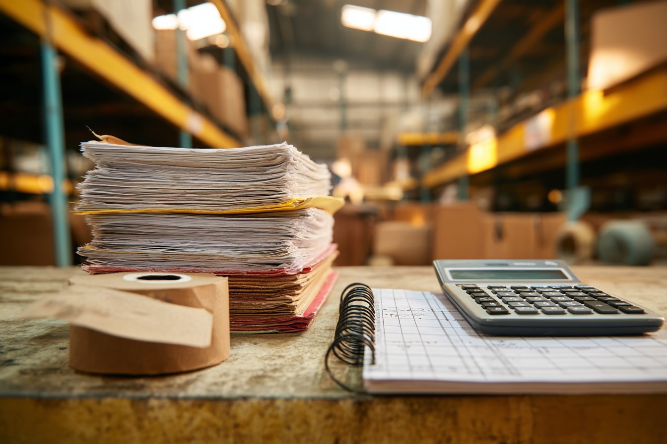 Illustrative image: a stack of invoices, a calculator and a ledger notebook on a warehouse counter.