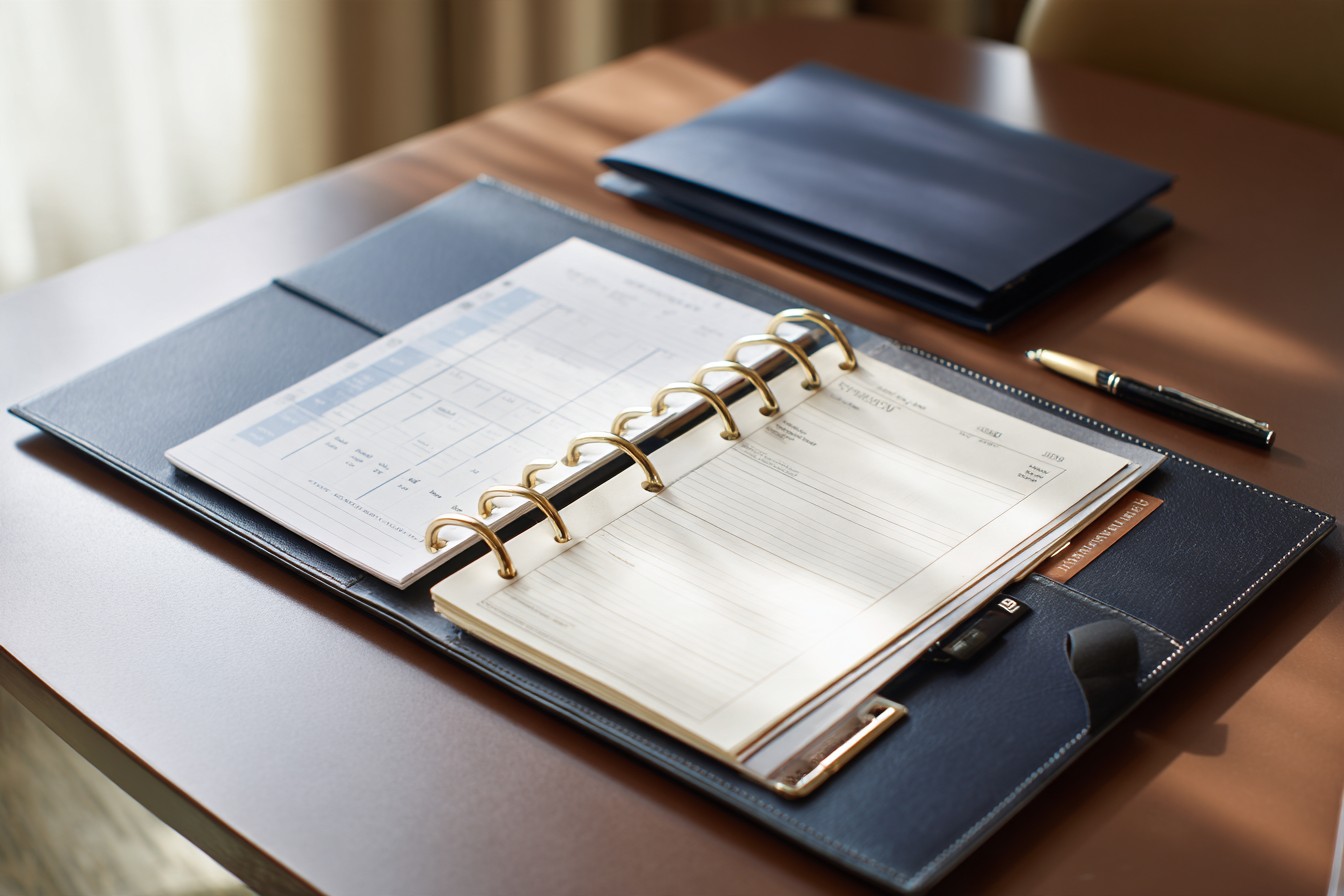 Illustrative image: an open ring binder of financial statements in a navy leather folio, with a pen.
