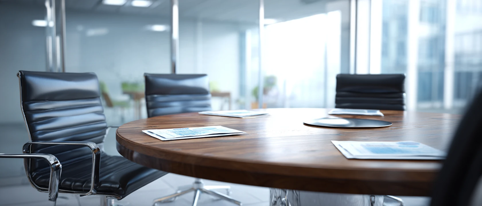 Illustrative conference table set with documents for a meeting; not a Hickok office.