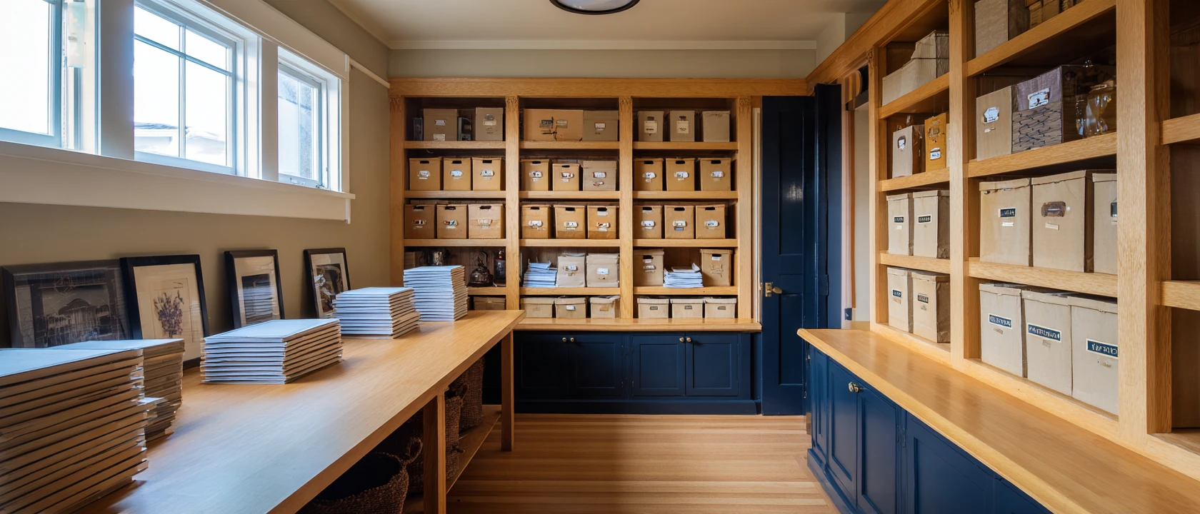 Illustrative records room with labeled archive boxes and navy cabinets; not a Hickok office or client.