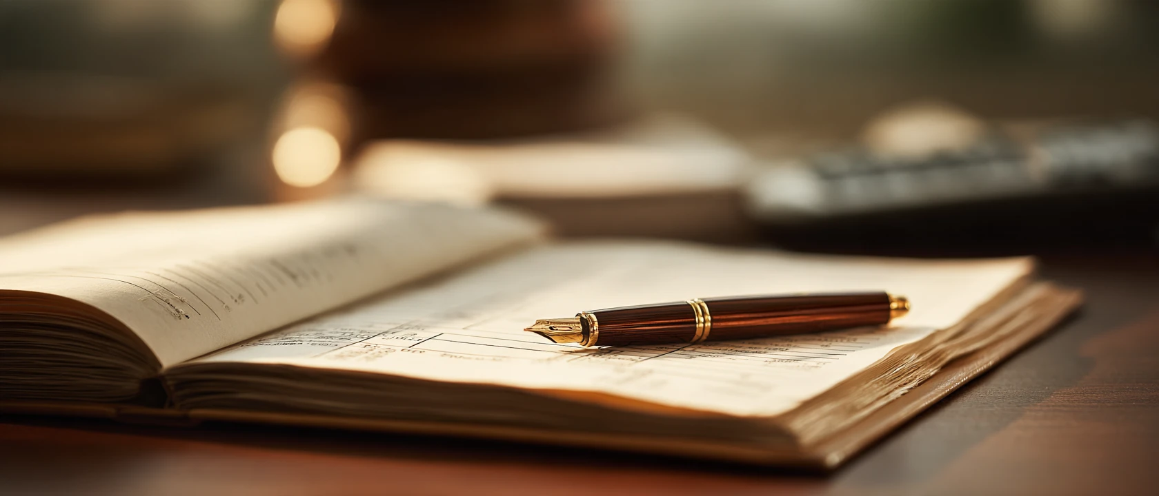 Illustrative open ledger with a fountain pen on a desk.