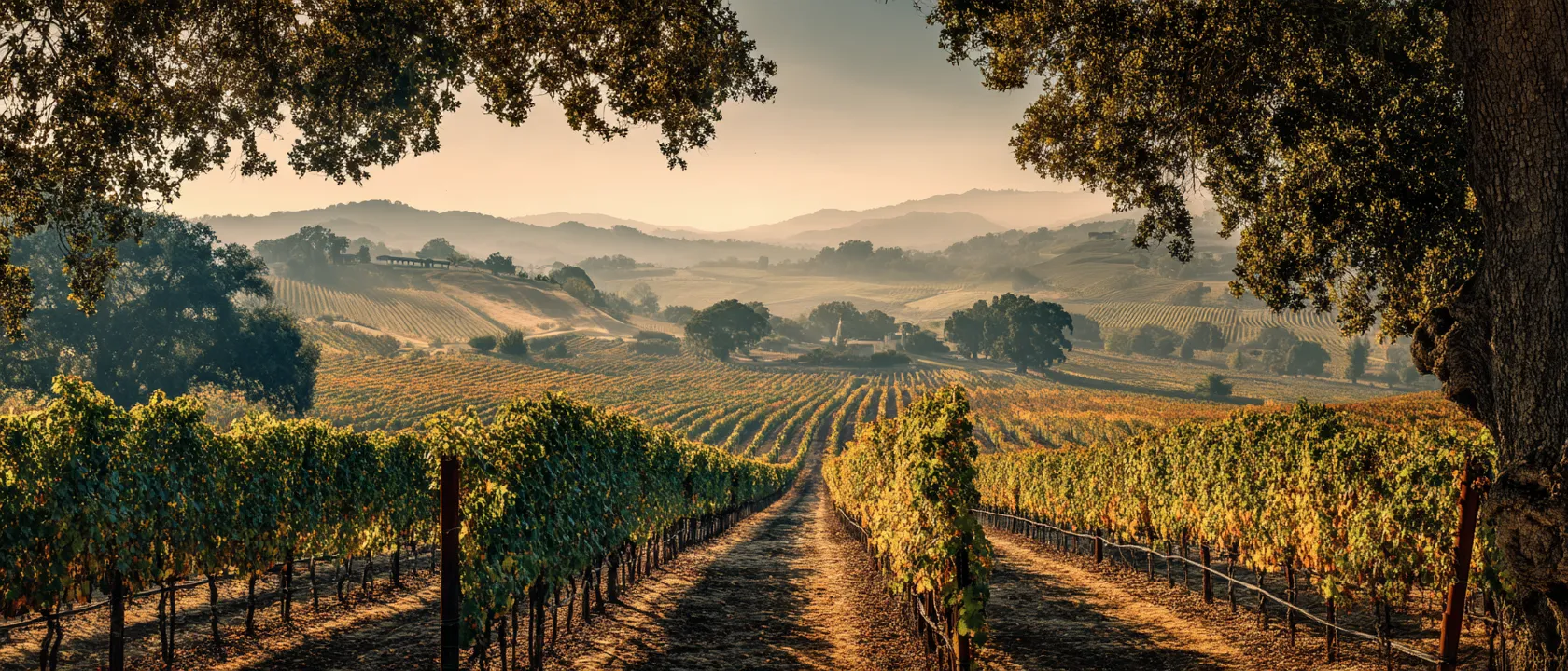 Illustrative Sonoma County vineyard framed by oak trees in late-afternoon light; not a Hickok property or client.